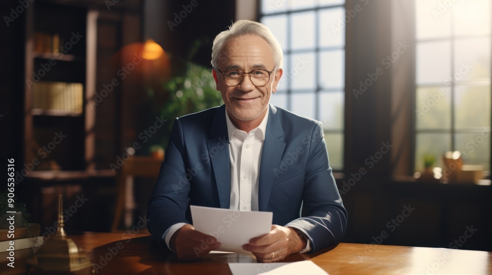 Senior businessman on a video call from a well-lit home office Senior businessman on a video call from a well-lit home office