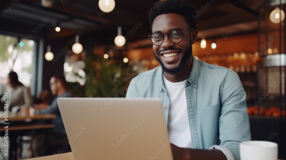 Smiling African businessman in casual clothes working on a laptop Smiling African businessman in casual clothes working on a laptop