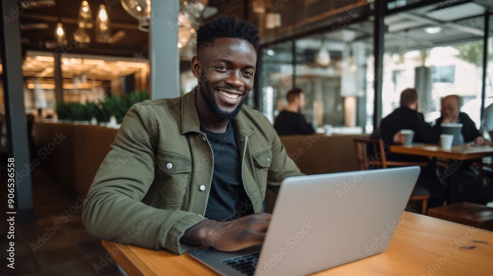Smiling African businessman in casual clothes working on a laptop Smiling African businessman in casual clothes working on a laptop