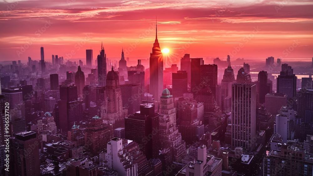 Obraz premium New York City Manhattan downtown skyline panorama at sunset with skyscrapers.