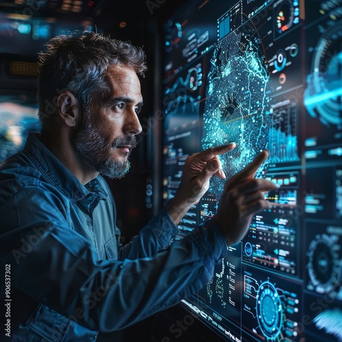 Wallpaper Mural A man interacts with a large screen displaying complex data and network visualizations, representing modern technology and innovation. Torontodigital.ca