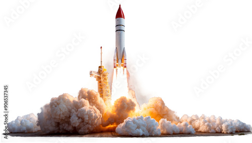 Rocket launch with fire and smoke trail isolated on white