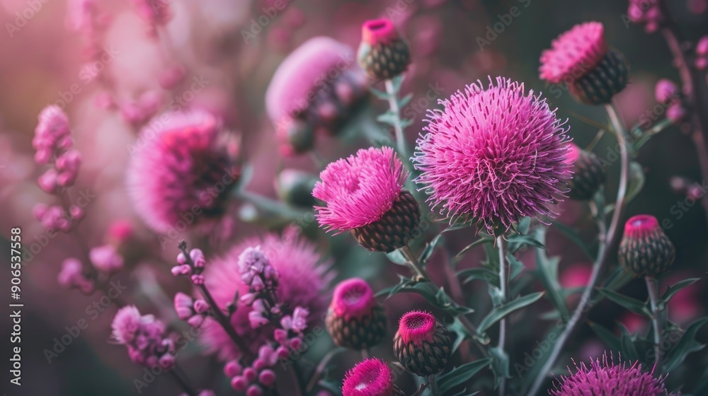 Fototapeta premium Close up of pink milk thistle flowers and their medicinal uses