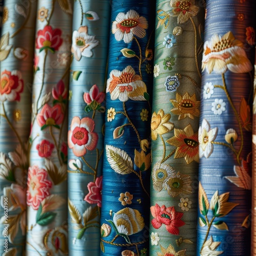 Close up of colorful fabric rolls with floral embroidery patterns. photo