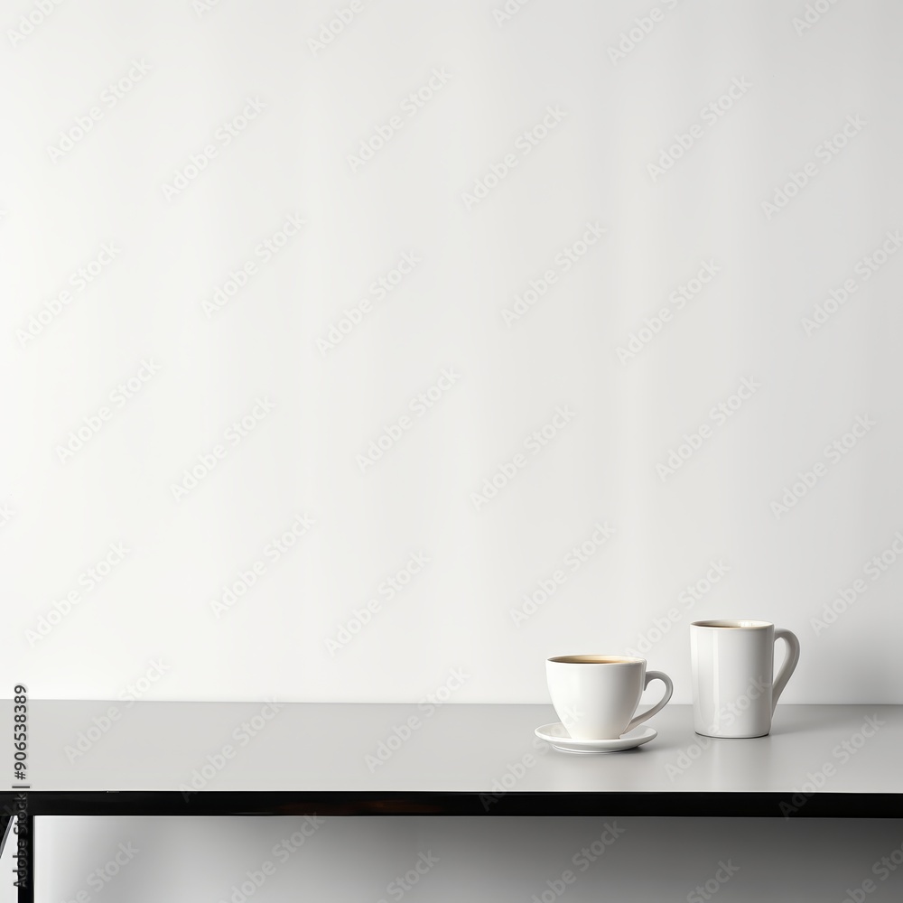 Two white coffee mugs on a table against a white wall. Minimalist, clean aesthetic. Two white coffee mugs on a table against a white wall. Minimalist, clean aesthetic.