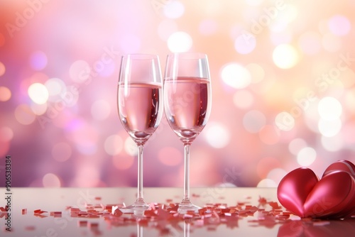 Two champagne flutes with pink champagne, surrounded by rose petals and hearts on a bokeh background. Photo is perfect for Valentine's Day and romantic occasions.