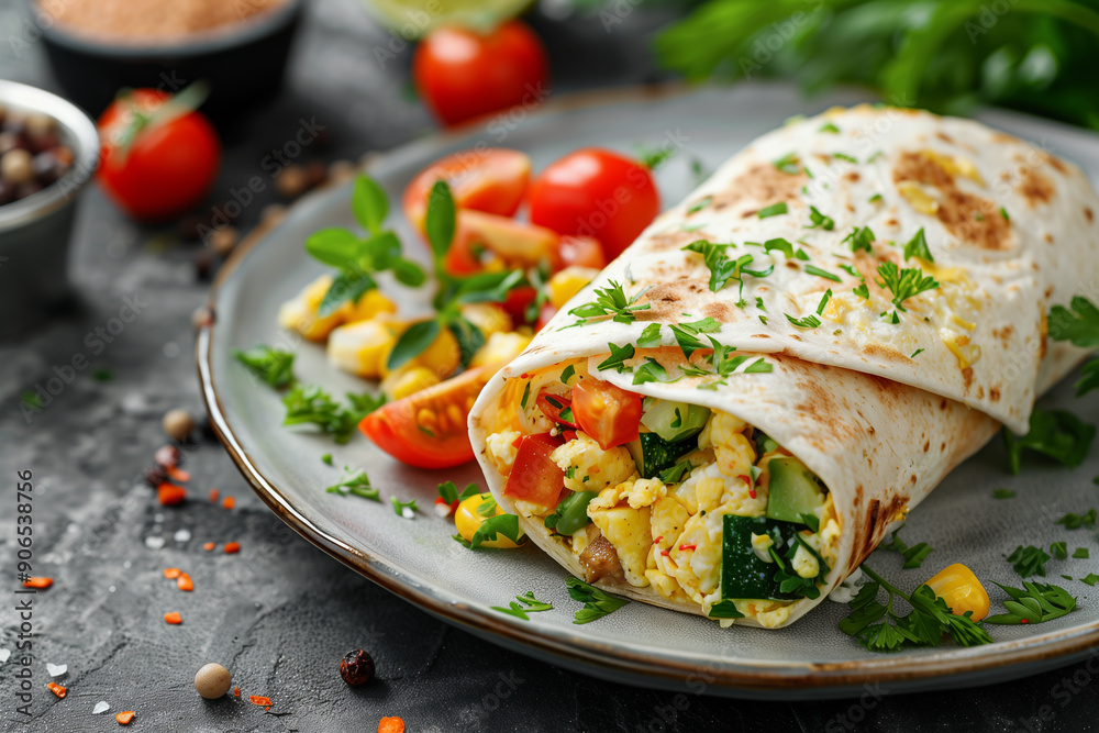 Breakfast vegetarian burrito wrap with omelet and vegetables on plate. Breakfast vegetarian burrito wrap with omelet and vegetables on plate.