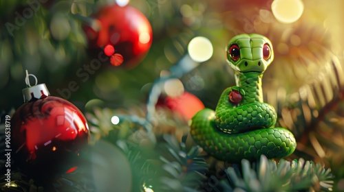 Green little snake is sitting by the Christmas tree, in the style of iconic pop culture caricatures, cute and dreamy
