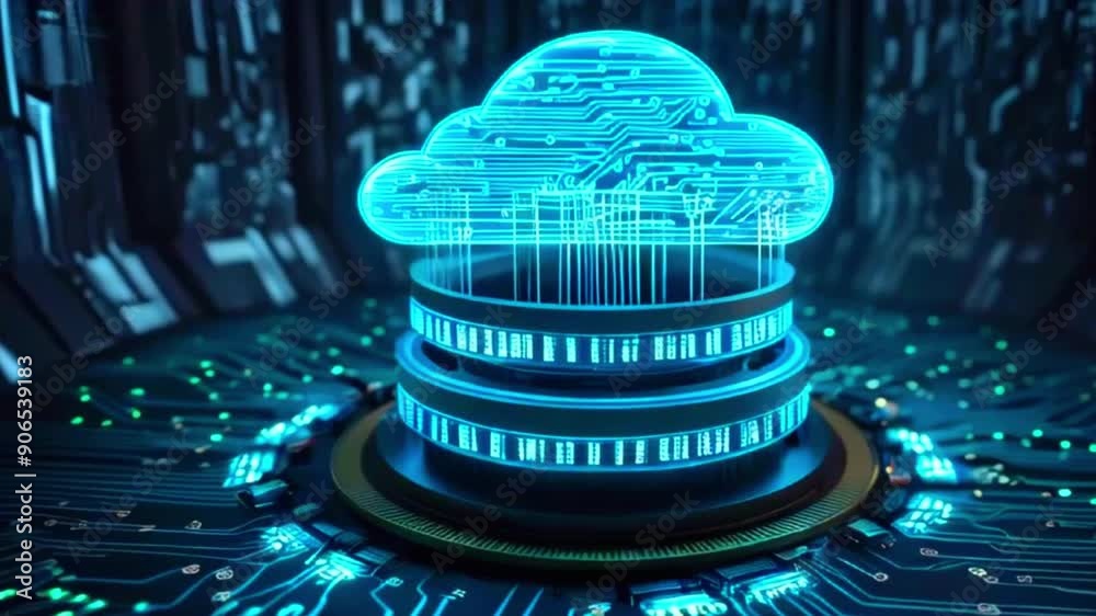 This video shows a cloud computing system with a glowing cloud and servers.