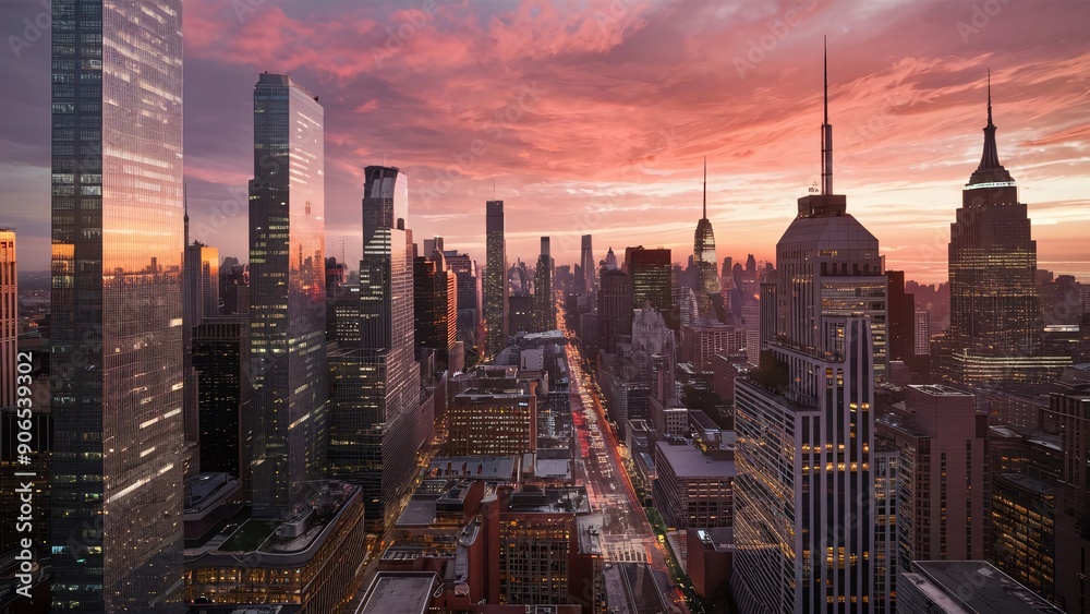 Naklejka premium New York City Manhattan downtown skyline panorama at sunset with skyscrapers.