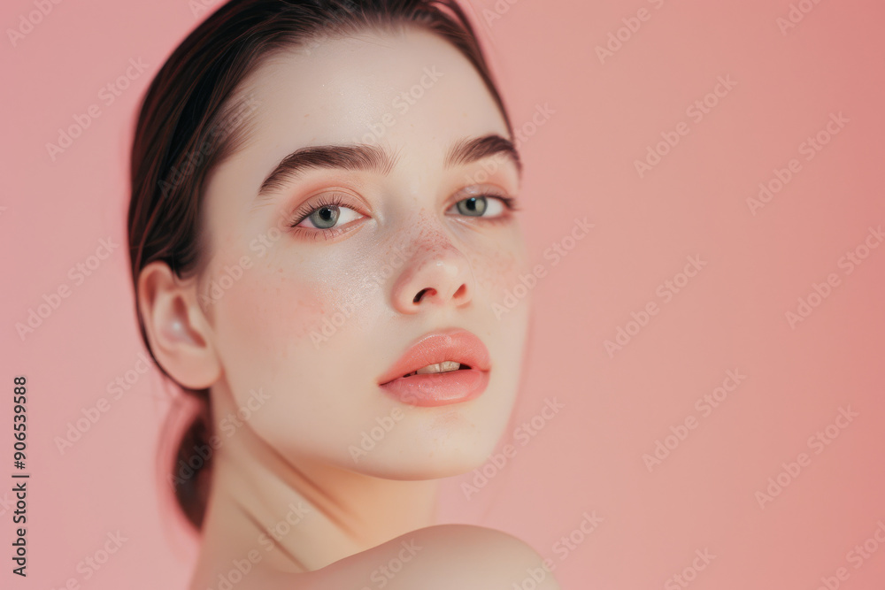 A young woman with a calm expression stares directly into the camera against a soft pink background, her features framed by a warm, ethereal glow. A young woman with a calm expression stares directly into the camera against a soft pink background, her features framed by a warm, ethereal glow.