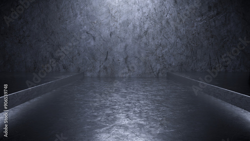 Billede på lærred Smooth, shiny metal floors and walls reflect light. 3d rendering