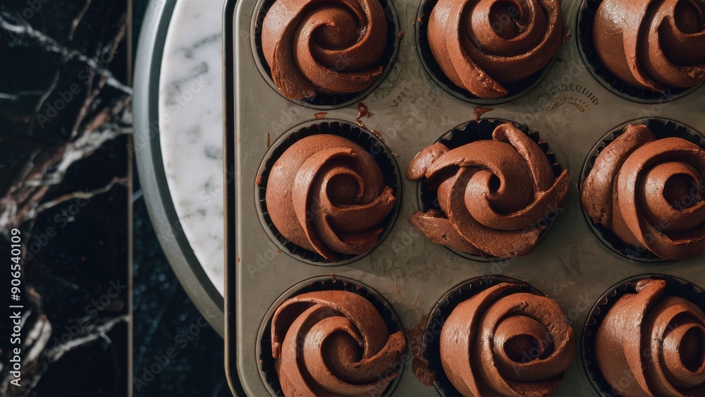 A cupcake pan with chocolate frosting in it on a table, AI A cupcake pan with chocolate frosting in it on a table, AI