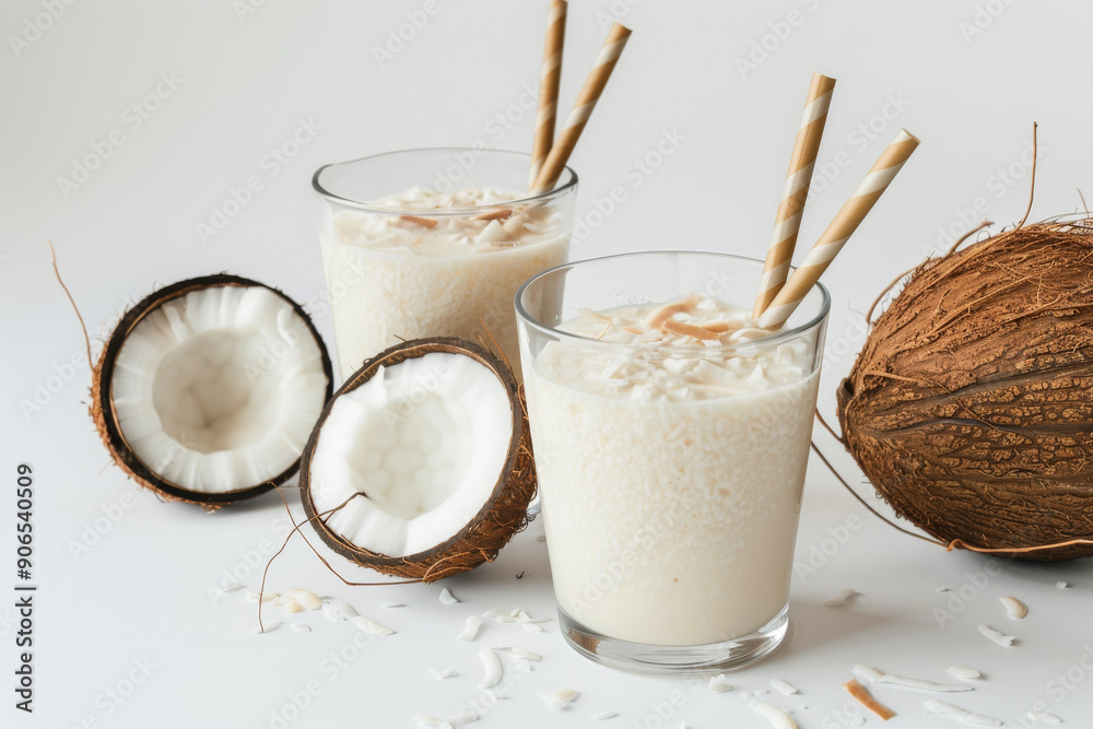 Two glasses of coconut milkshake with brown paper straws, surrounded by whole and halved coconuts, with coconut flakes scattered on a white surface. Two glasses of coconut milkshake with brown paper straws, surrounded by whole and halved coconuts, with coconut flakes scattered on a white surface.