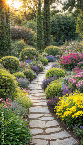 A garden with a stone path winding through it, surrounded by lush green grass and a variety of colorful flowers. In the background, tall trees and a bright blue sky can be seen.
