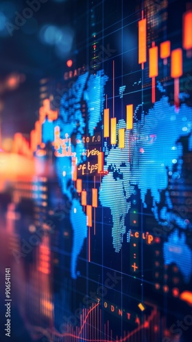 Global financial market trends displayed on digital world map with charts