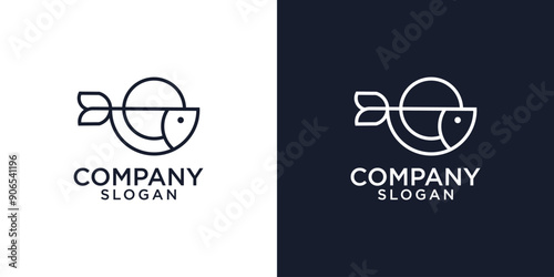 Fish and sea waves in circle shape - concept logo vector illustration. Salmon fish blue icon emblem. Creative graphic sign.
