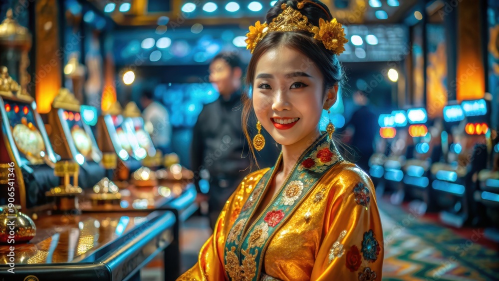 Charming Korean Woman Posing in a Lively Casino with Sparkling Slot Machines Charming Korean Woman Posing in a Lively Casino with Sparkling Slot Machines