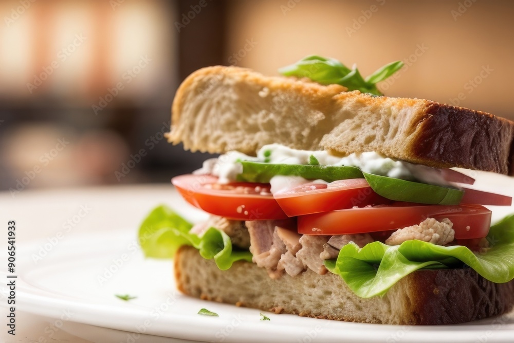 Chicken, lettuce, and tomato sandwich over a blurry background Chicken, lettuce, and tomato sandwich over a blurry background
