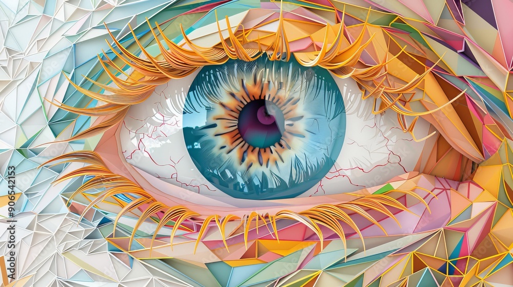 Obraz premium Abstract Eye: A mesmerizing close-up of a human eye rendered in a vibrant, colorful, geometric style, showcasing intricate details and a captivating gaze. 