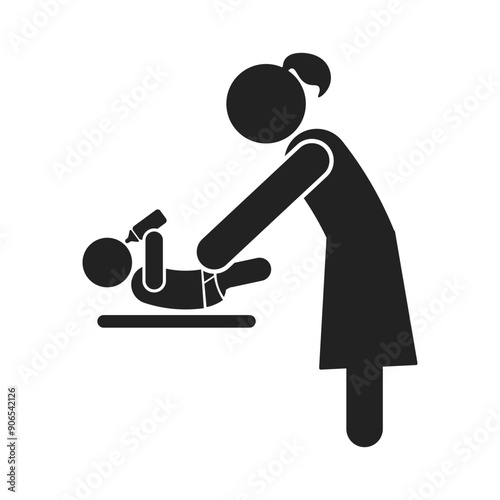 Isolated pictogram baby laying and drink mik with mother changing pampers icon for changing diapers sign