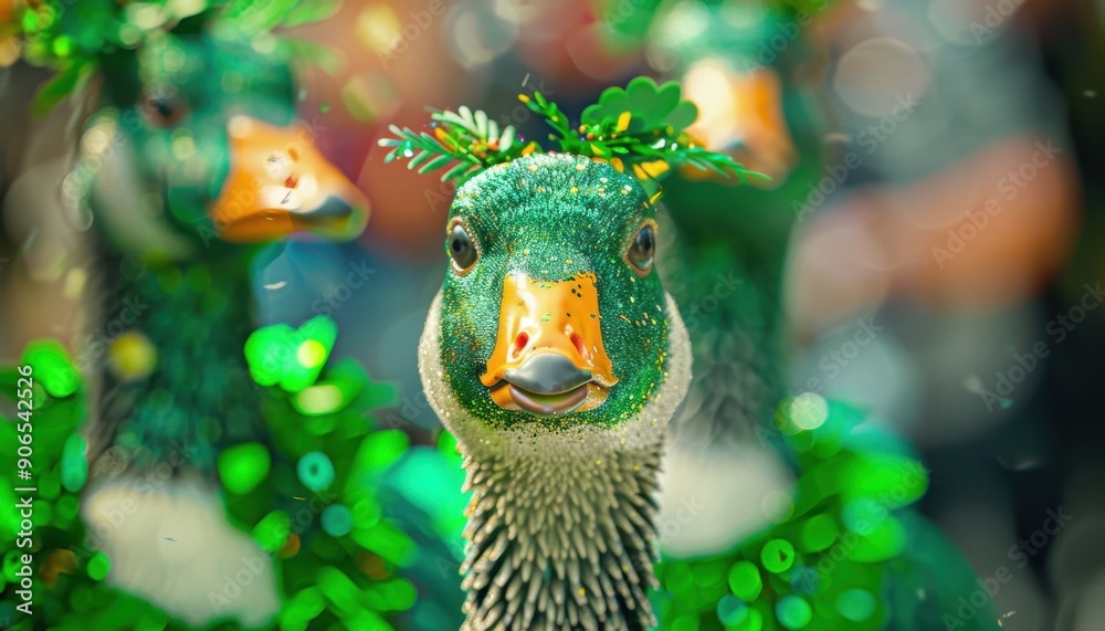 Green Duck Wearing Shamrock Headband During St. Patrick's Day Parade Green Duck Wearing Shamrock Headband During St. Patrick's Day Parade