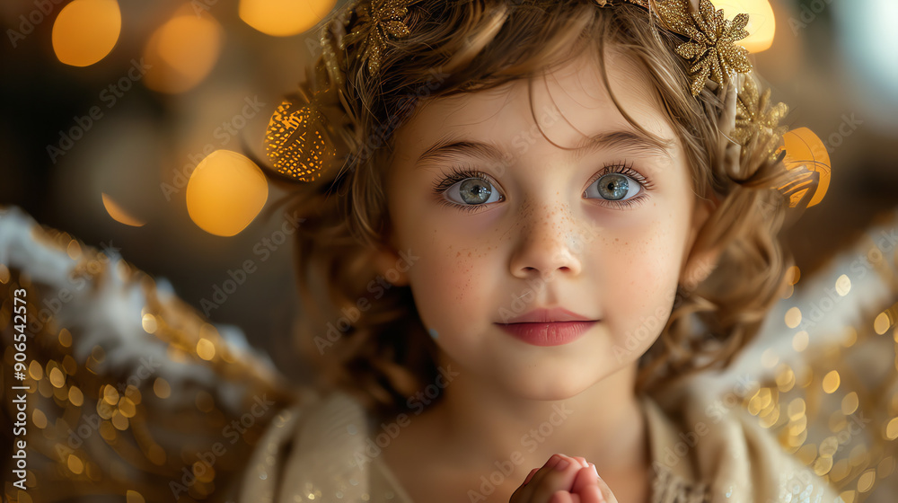 Close-up of a young girl with blue eyes, wearing a white dress and angel wings. Close-up of a young girl with blue eyes, wearing a white dress and angel wings.