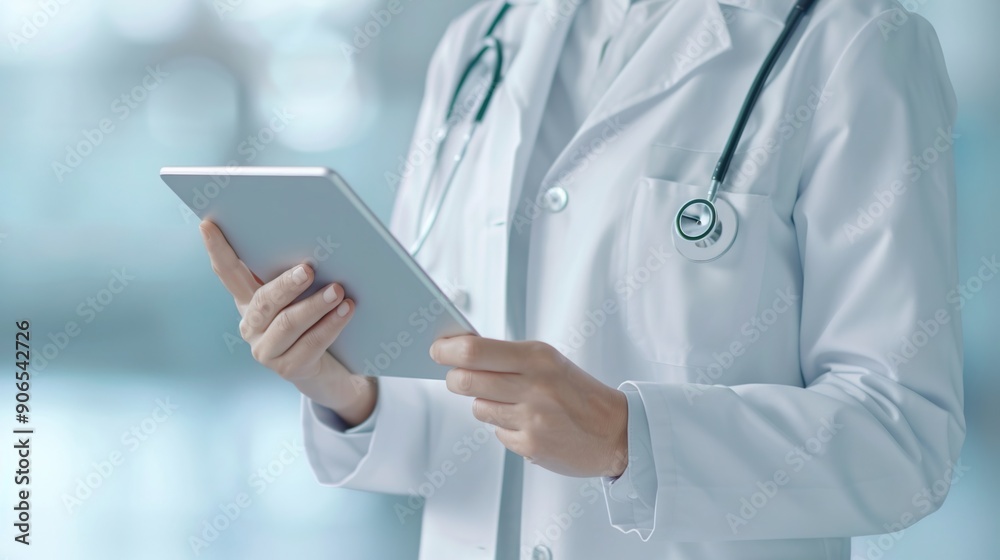 A doctor using a tablet to review patient records, showcasing technological integration in healthcare. Portrait photo, Commercial photography, Natural soft pale skin. A doctor using a tablet to review patient records, showcasing technological integration in healthcare. Portrait photo, Commercial photography, Natural soft pale skin.