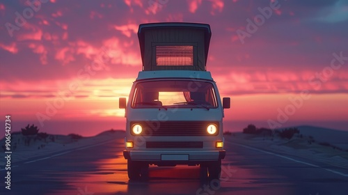 Campervan enthusiasts roadtrippers, flat design, front view, sunset drive, 3D render, triadic color scheme, copy space for text photo