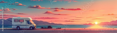 Campervan roadtrippers, flat design, top view, sunset journey, cartoon drawing, colored pastel, copy space for text