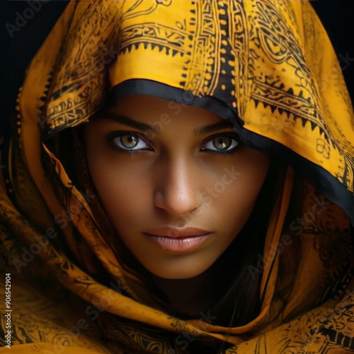Delighted woman in hijab. Portrait of Muslim lady looking aside with a radiant smile.