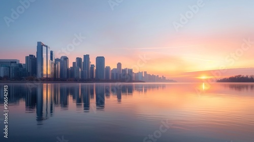 A dynamic photo of a city skyline at dusk.