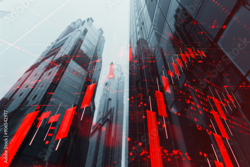 Red digital data overlays create a futuristic and dynamic effect against a backdrop of towering skyscrapers, evoking themes of finance and technology.