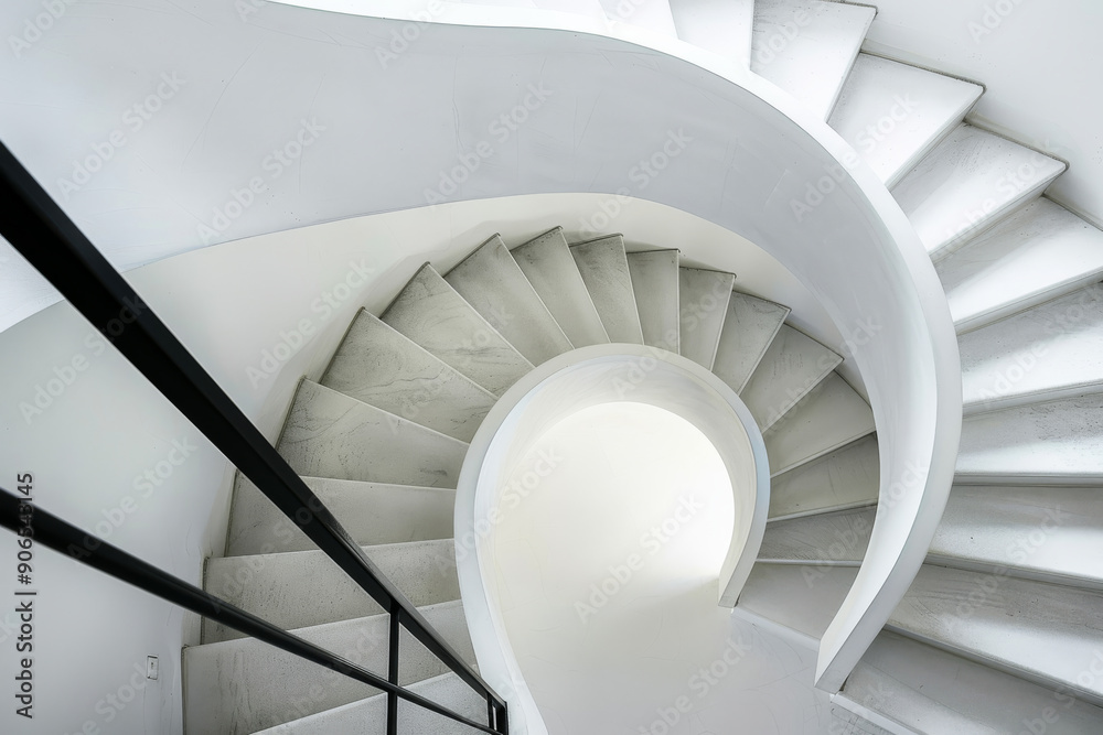 Fototapeta premium A modern, minimalist spiral staircase with clean white steps and a black handrail, forming a visually captivating geometric pattern.