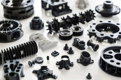 Various plastic parts arranged systematically on a white surface, showcasing engineering innovation and manufacturing diversity. photo