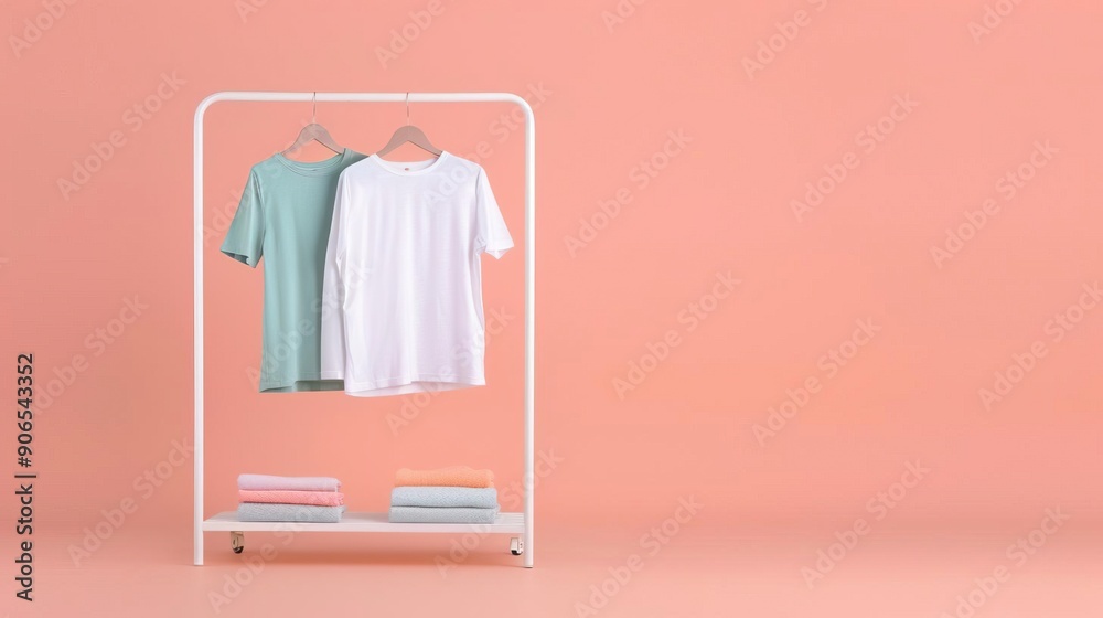 custom made wallpaper toronto digitalTwo T-shirts hanging on a clothing rack with folded clothes on a shelf.