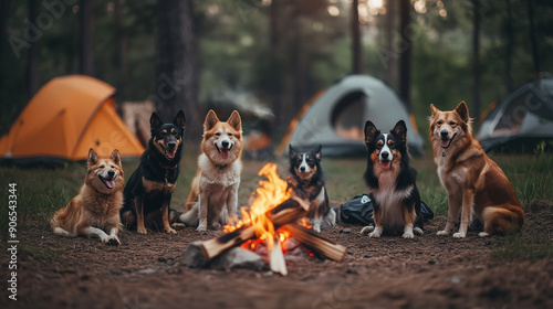 A group of dogs is sitting around a campfire in the forest. There are several tents visible in the background. The atmosphere is evening, and the dogs look content and calm