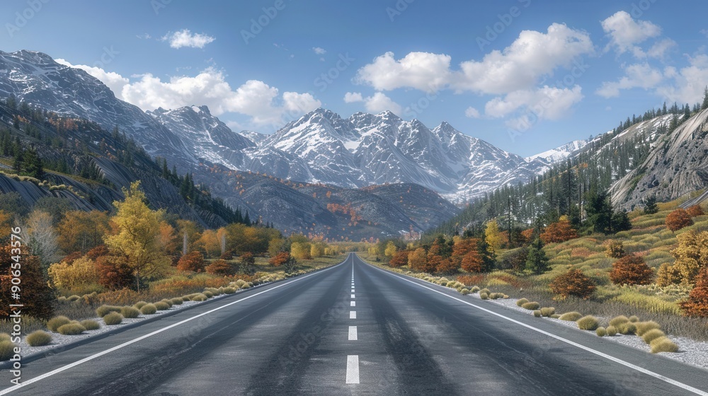 Mountain range roadtrippers, flat design, front view, sweeping road view, 3D render, complementary color scheme, copy space for text Mountain range roadtrippers, flat design, front view, sweeping road view, 3D render, complementary color scheme, copy space for text