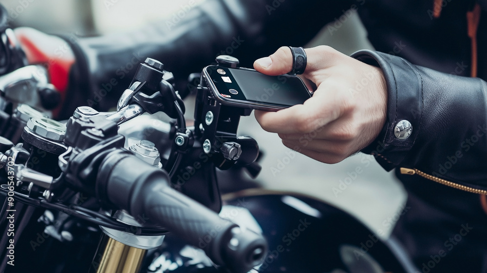 Fototapeta premium A person's hand in a leather jacket attaching a mobile phone to a holder on the handlebars of a motorcycle
