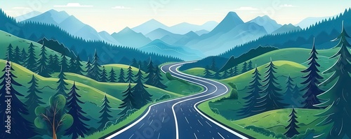 Mountainous roadtrippers, flat design, top view, winding road view, cartoon drawing, splitcomplementary color scheme, copy space for text