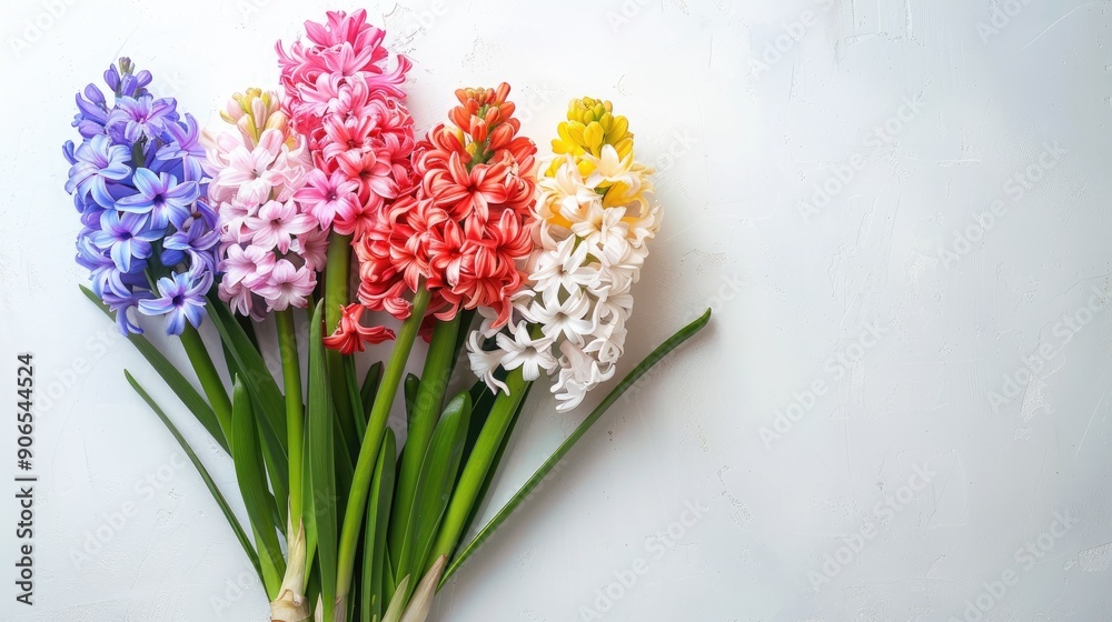 Fresh and colorful hyacinths on a white surface Floral arrangement Overhead view with empty room Fresh and colorful hyacinths on a white surface Floral arrangement Overhead view with empty room