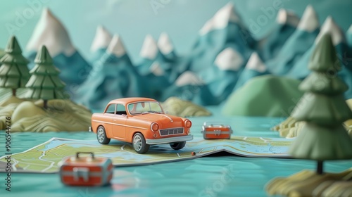 Roadtrippers with map, flat design, front view, journey preparation, 3D render, complementary color scheme, copy space for text photo