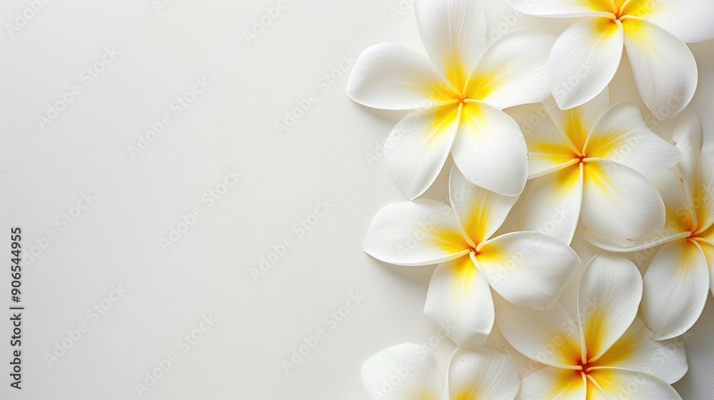 Frangipani flowers enhance white backdrop with space for text Frangipani flowers enhance white backdrop with space for text
