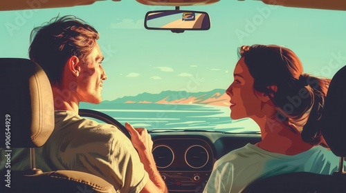 Scenic couple roadtrippers, flat design, side view, picturesque drive, water color, complementary color scheme, copy space for text photo