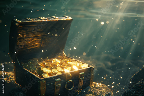 A sunken treasure chest filled with glistening gold coins, bathed in ethereal light rays filtering through calm ocean water, evokes excitement and mystery.