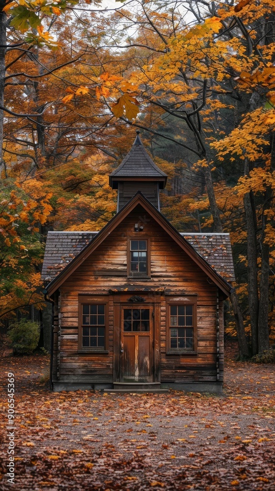 A charming wooden cabin nestled among vibrant autumn foliage. The warm colors of the leaves create a cozy atmosphere. A charming wooden cabin nestled among vibrant autumn foliage. The warm colors of the leaves create a cozy atmosphere.