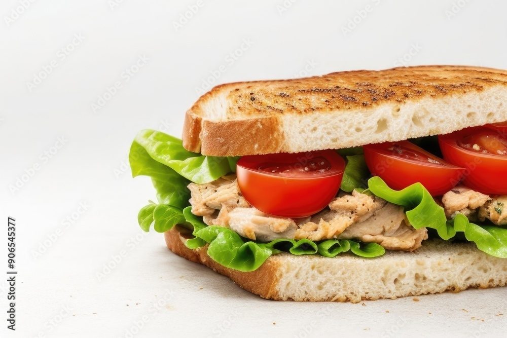 Chicken, lettuce, and tomato sandwich over a white background Chicken, lettuce, and tomato sandwich over a white background