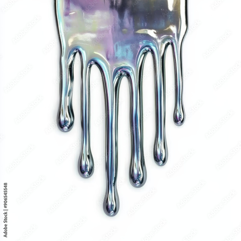 A silver liquid drips down a white background A silver liquid drips down a white background