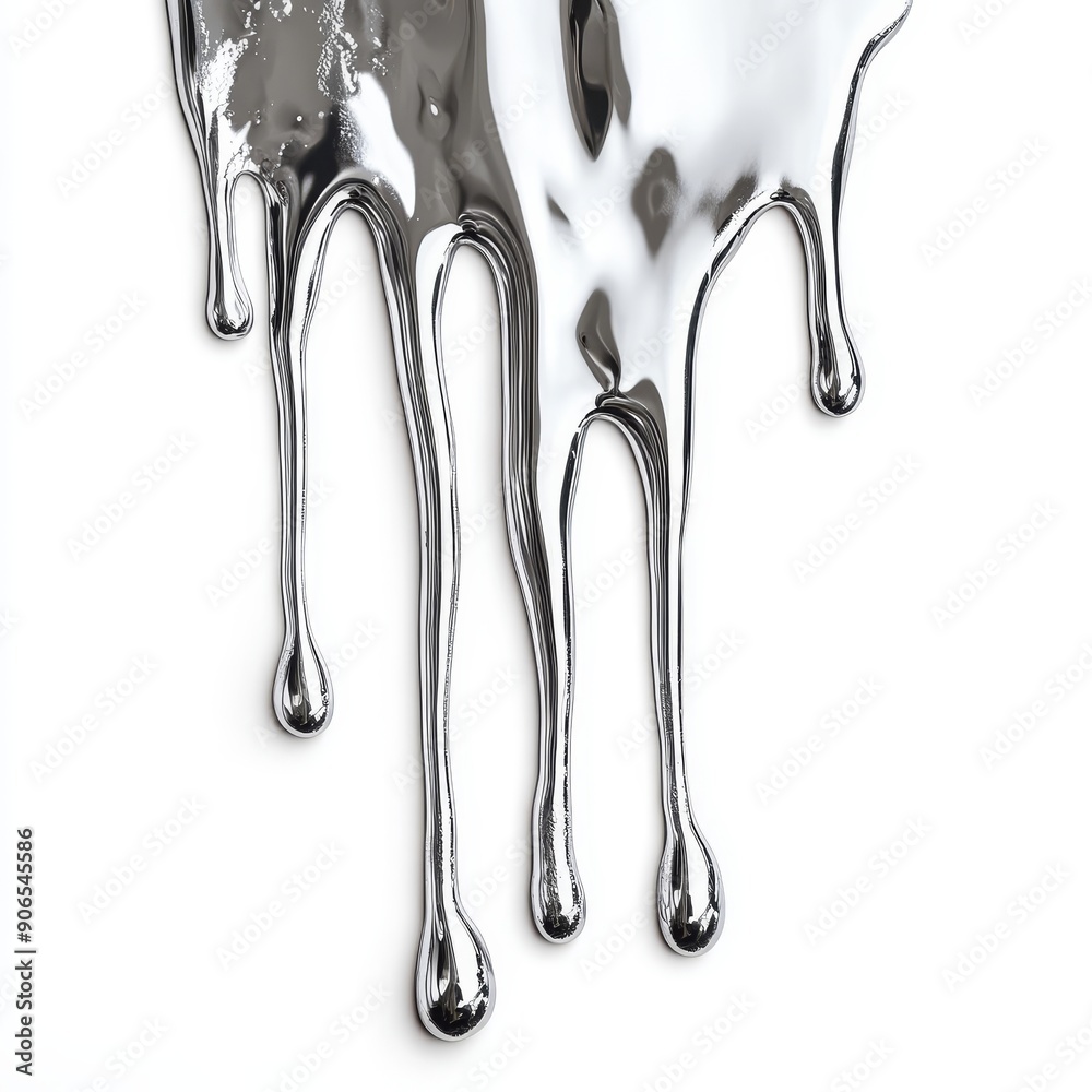 A silver liquid drips down a white background A silver liquid drips down a white background