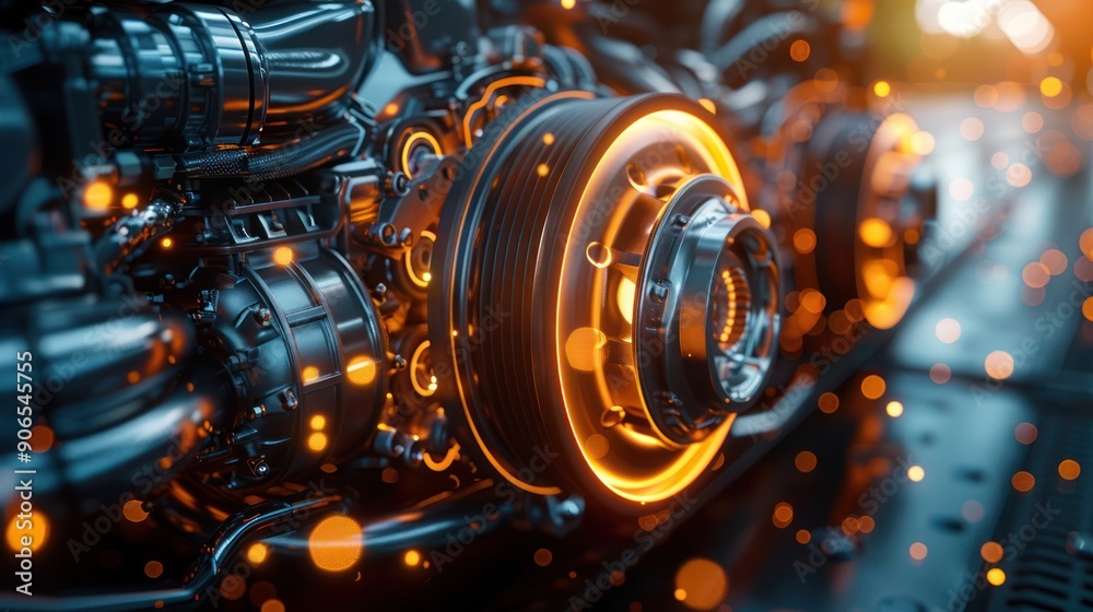 Sunlight Engine Details of modern car engine with sunlight effect, the powerful engine ...